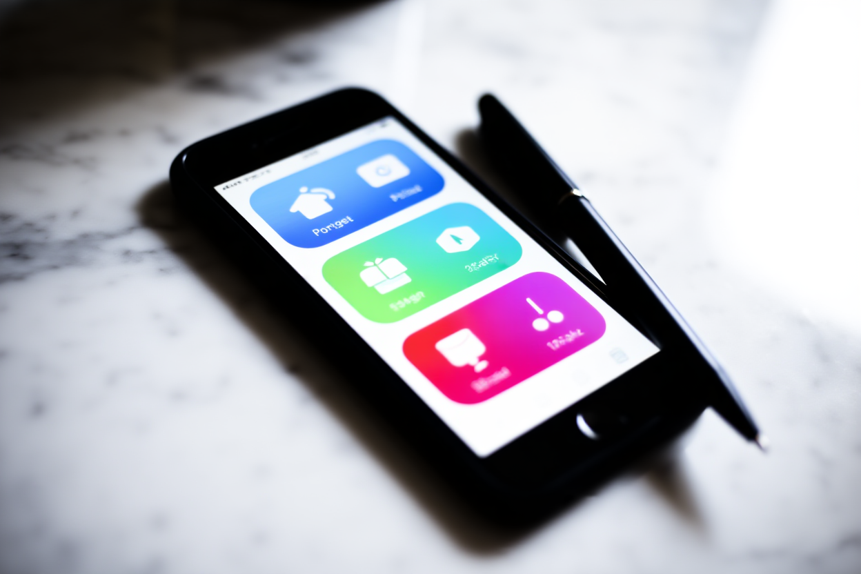 a modern smartphone displaying app icons and pricing cards on a marble desk surface with pen nearby, natural light, wide