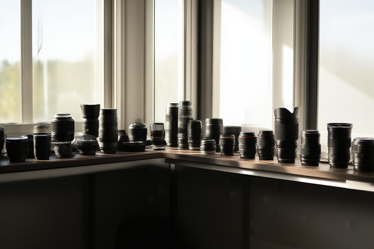 Eine Weitwinkelaufnahme eines modernen Fotostudios mit großen Fenstern, die Sonnenlicht hereinströmen lassen und verschiedene Kameraausrüstungen beleuchten.