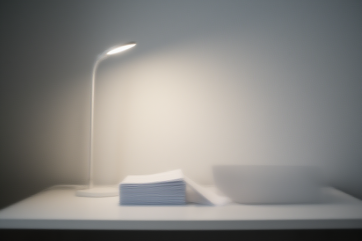 Ein minimalistischer Arbeitsplatz mit einer schlichten weißen Schreibtischlampe, die einen Stapel ordentlich organisierter Papiere und eine moderne Schreibunterlage beleuchtet.