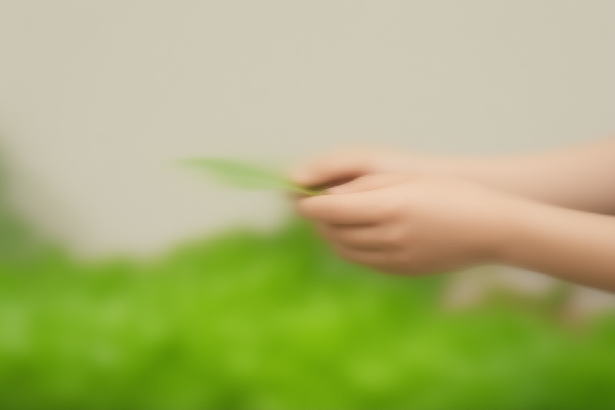 Ein Paar Hände, die ein frisches grünes Blatt vor einem unscharfen Hintergrund üppiger Gartenvegetation mit weichem Bokeh-Effekt halten.