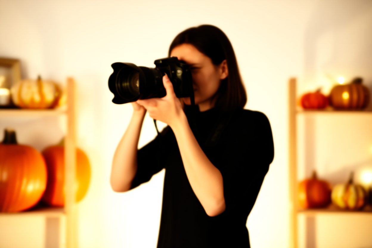 Um fotógrafo profissional em pé em um estúdio claro segurando uma câmera DSLR com capuz de lente, cercado por adereços incl