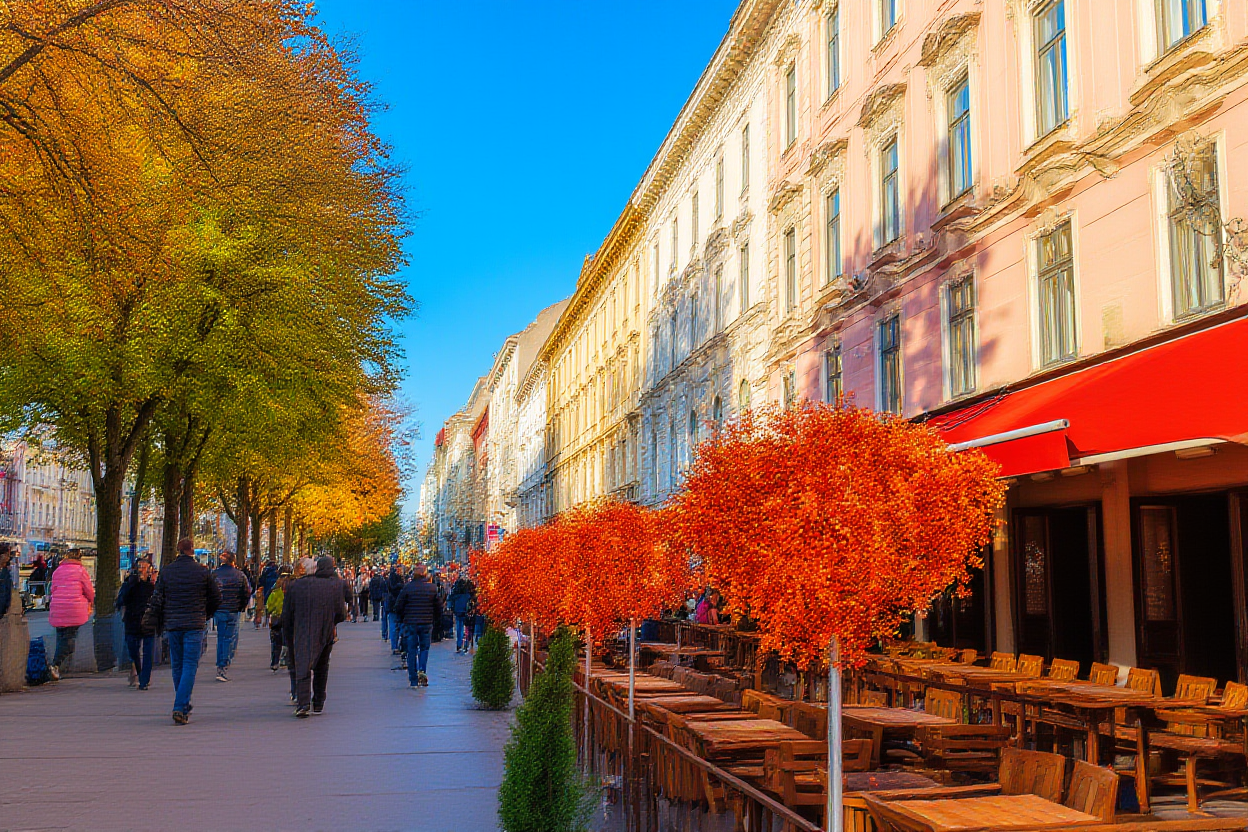Uma cena vibrante de rua numa cidade europeia durante o outono com pedestres passando por cafés ao ar livre exibindo laranjas a