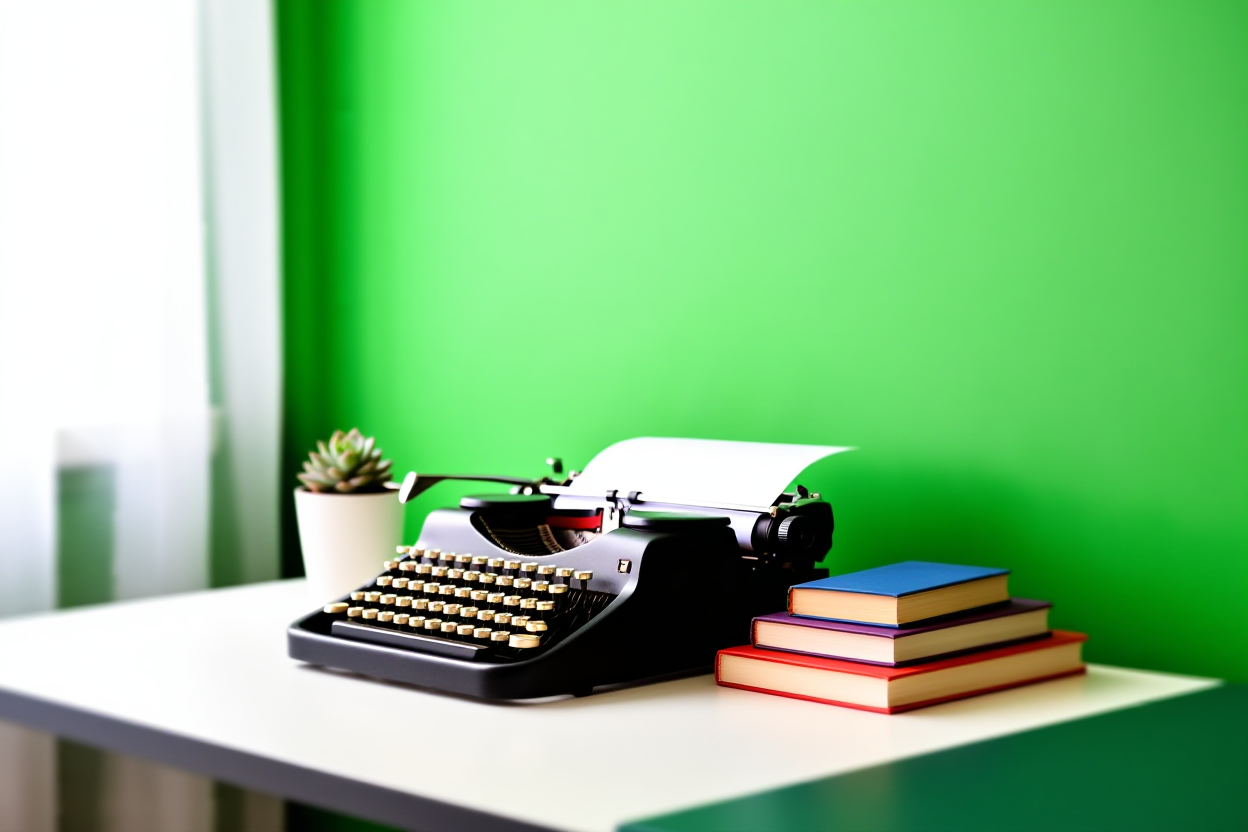 Uma configuração de mesa de escritório doméstico organizada apresentando uma máquina de escrever vintage ao lado de um monte de cartões festivos coloridos e um pequeno vaso