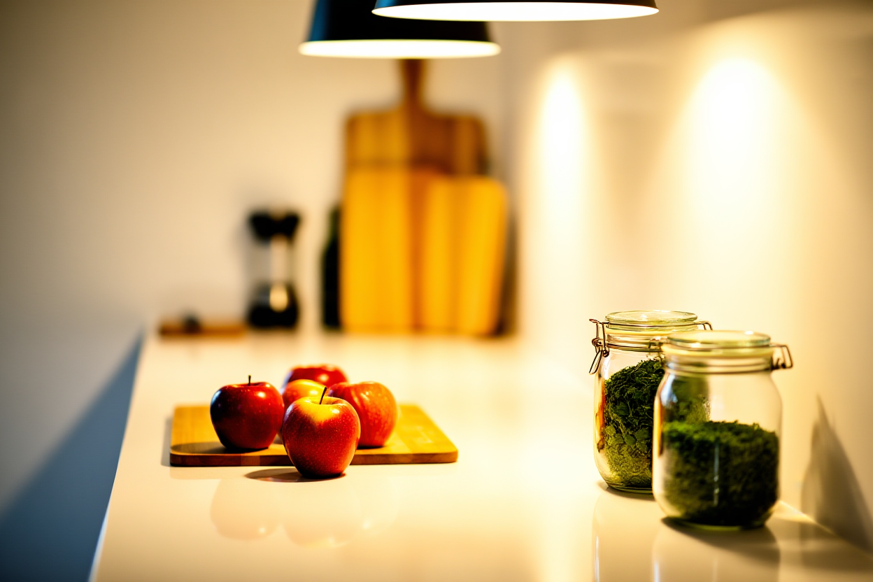 Um balco de cozinha moderno e brilhante com ingredientes frescos incluindo maçãs vermelhas, ervas verdes em frascos de vidro, e uma tábua de corte de madeira