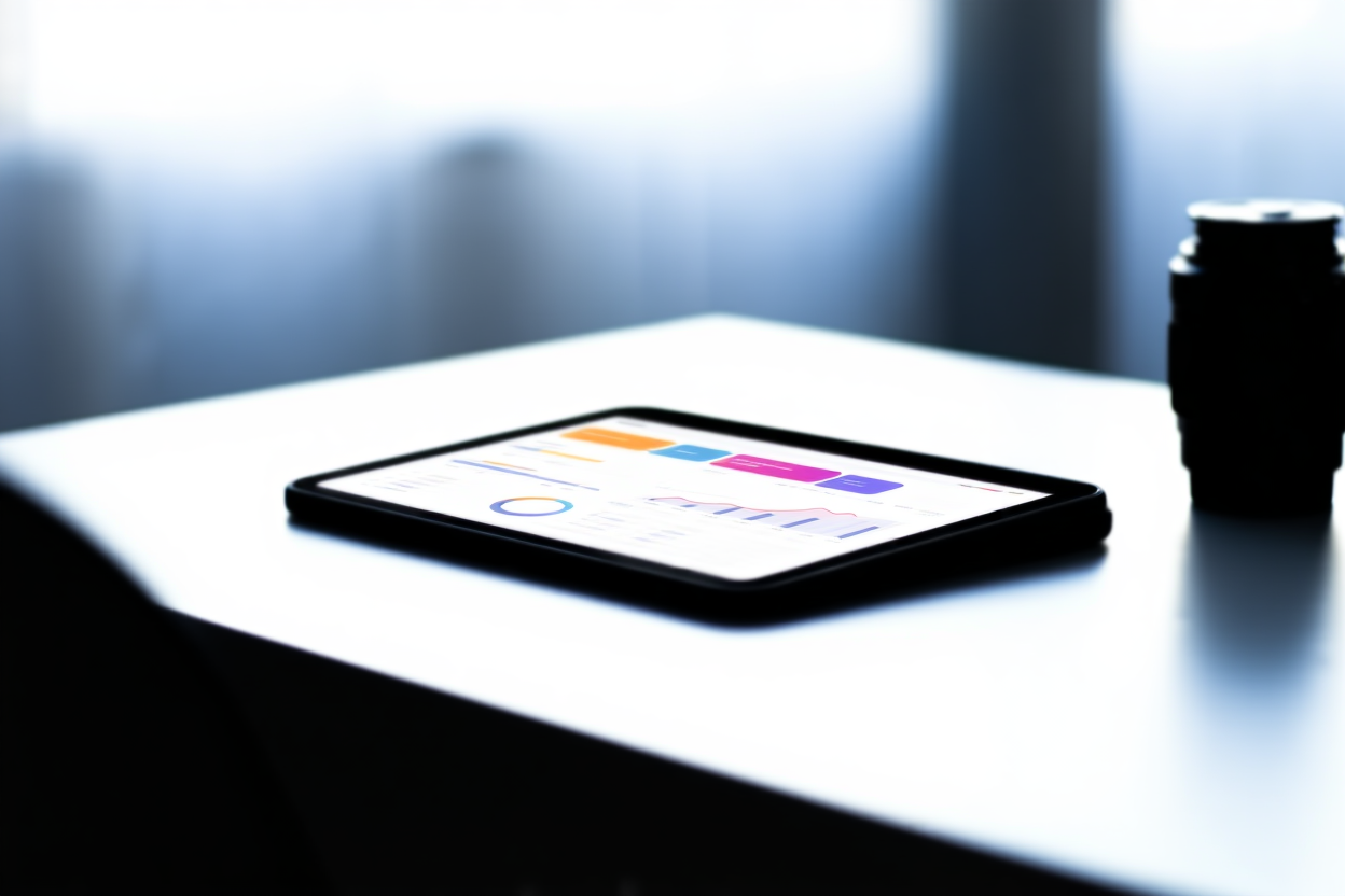 a modern digital tablet displaying colorful keyword tags and analytics charts on a clean white desk near a camera lens, 