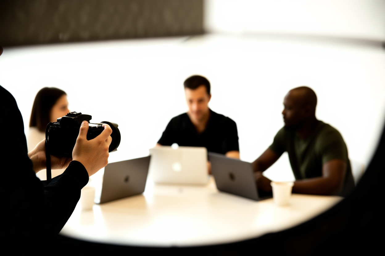 a photographer holding a digital camera capturing a candid moment of a diverse group collaborating around a table with l