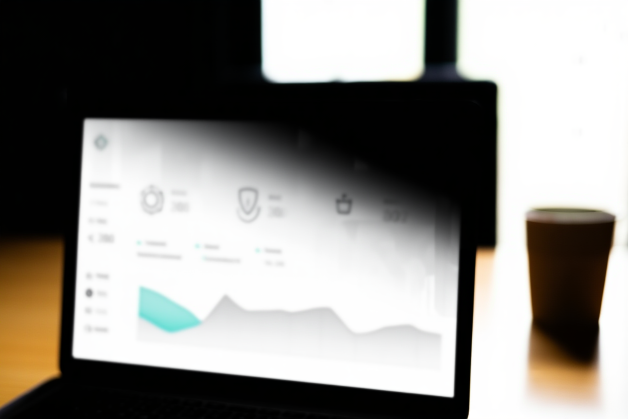 a close-up shot of a laptop screen displaying a dashboard with keyword metrics and data graphs on a wooden desk next to 