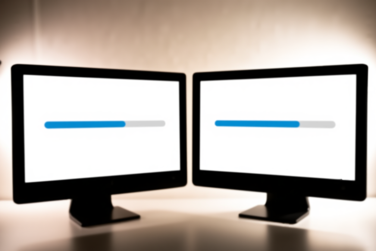 a side-by-side view of two computer monitors showing keyword generation progress bars and speed metrics, clean office ba
