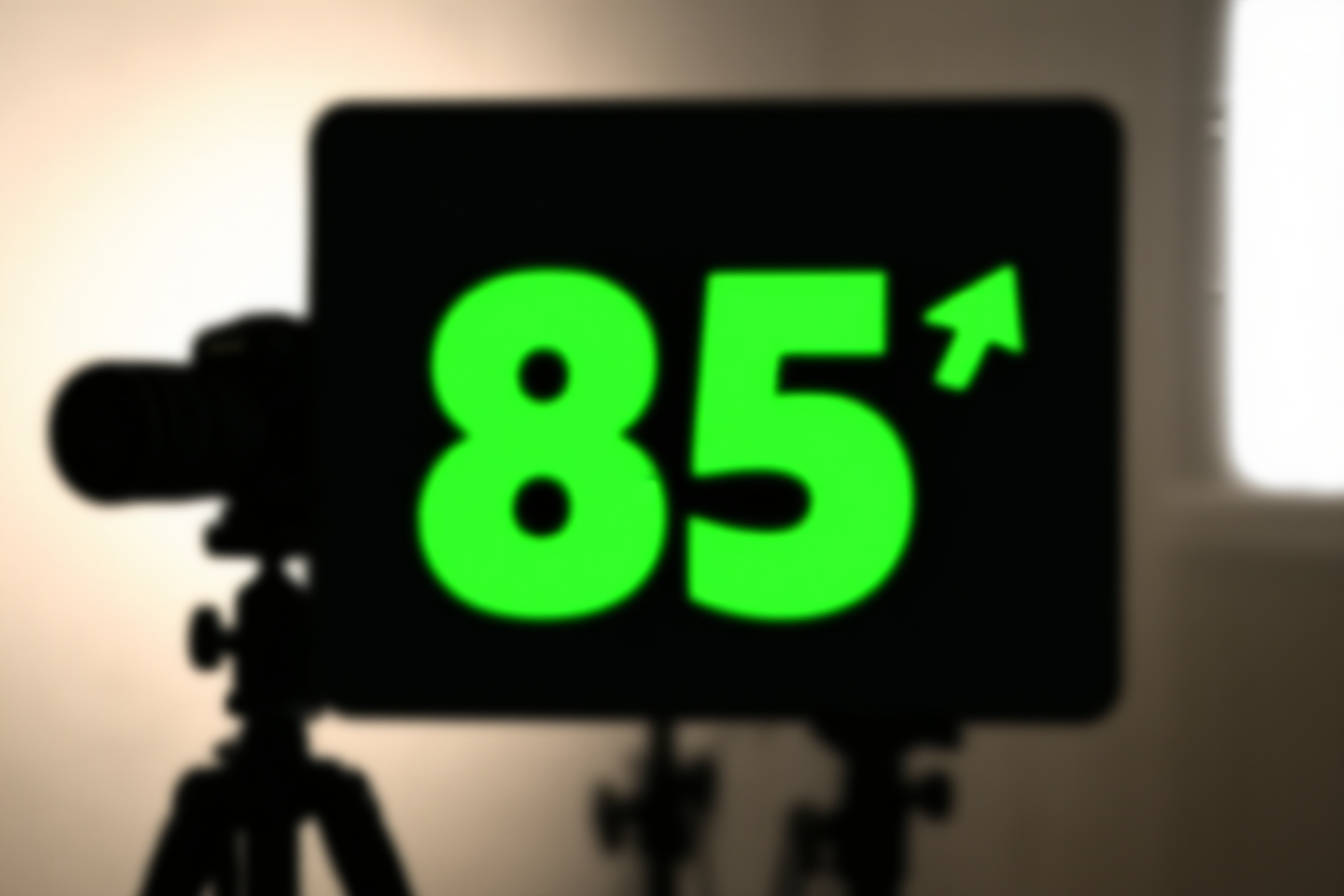 a digital interface mockup showing a large green score number "85" with upward trending arrows on a tablet screen, soft 