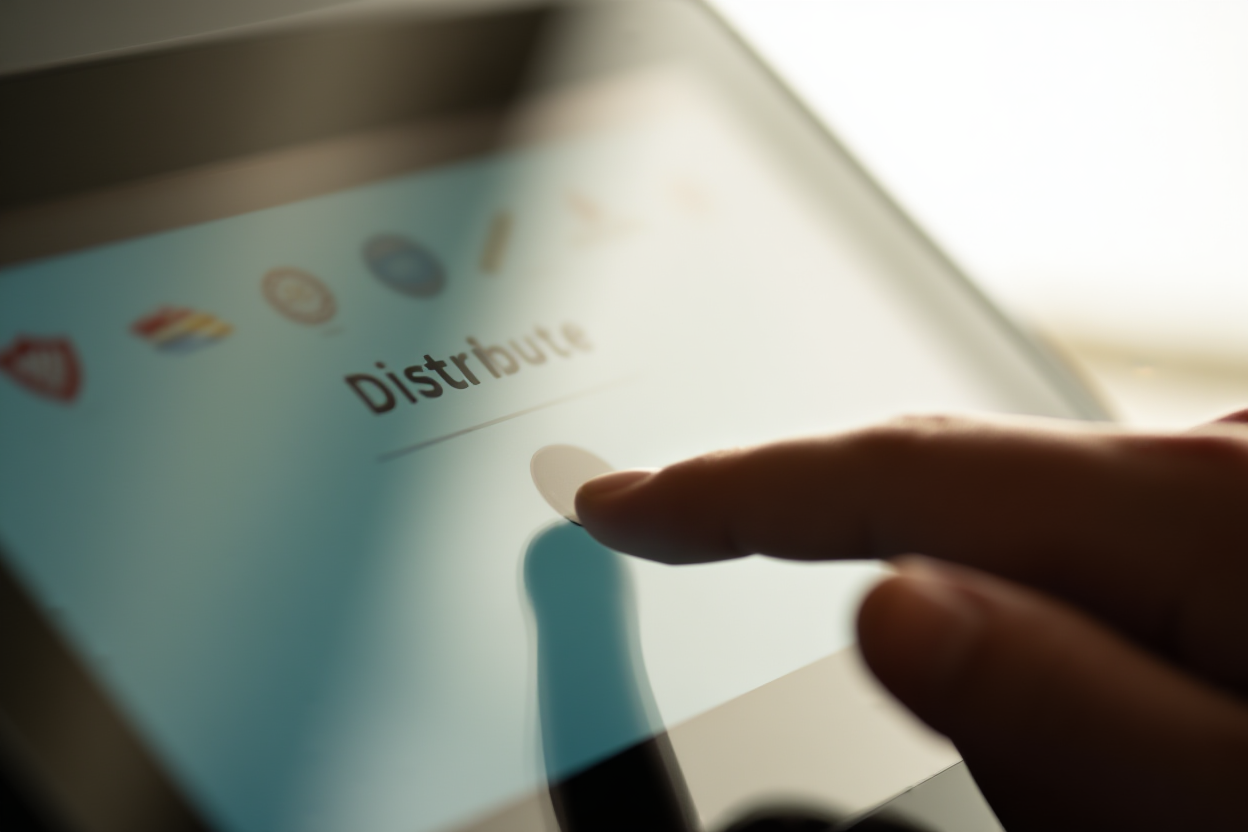 a hand pressing a large button labeled "Distribute" on a sleek tablet interface, with multiple agency logos visible in t