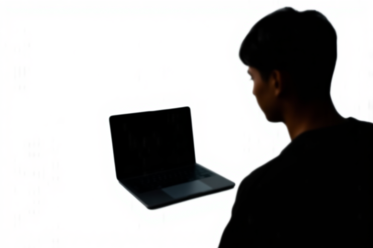 ein professioneller Fotograf überprüft Metadaten auf einem Laptop-Bildschirm in einem hellen Studioarbeitsplatz