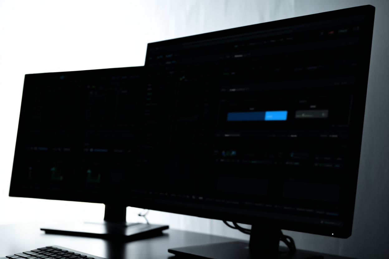 ein moderner Schreibtisch mit mehreren Monitoren, die Stock-Agentur-Dashboards und Upload-Fortschrittsbalken anzeigen