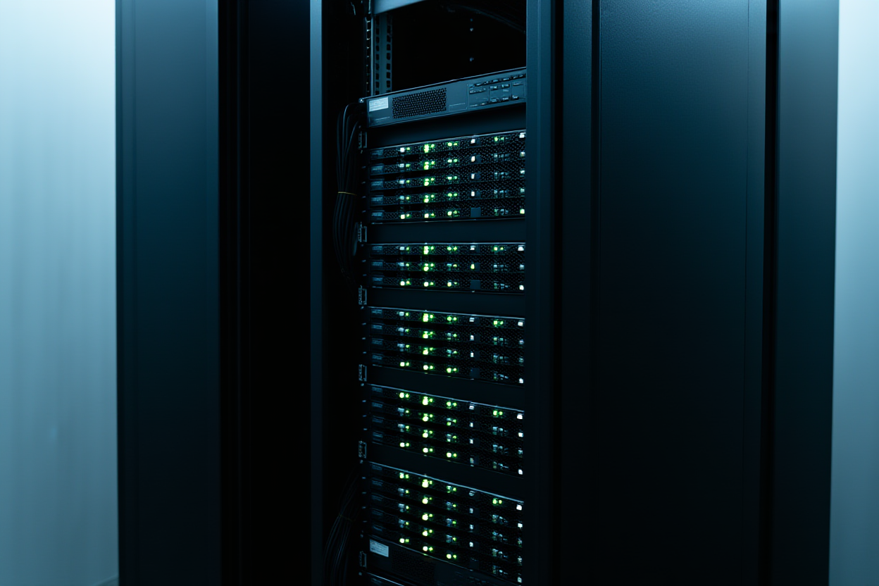 ein Server-Rack mit blinkenden Statusleuchten, die eine Datenverarbeitung mit hohem Volumen darstellen