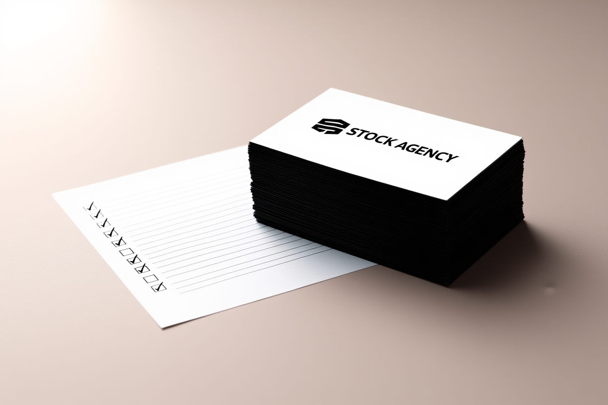 ein Stapel von Stock-Agentur-Logo-Karten, die neben einer Checkliste mit allen abgehakten Punkten ordentlich angeordnet sind