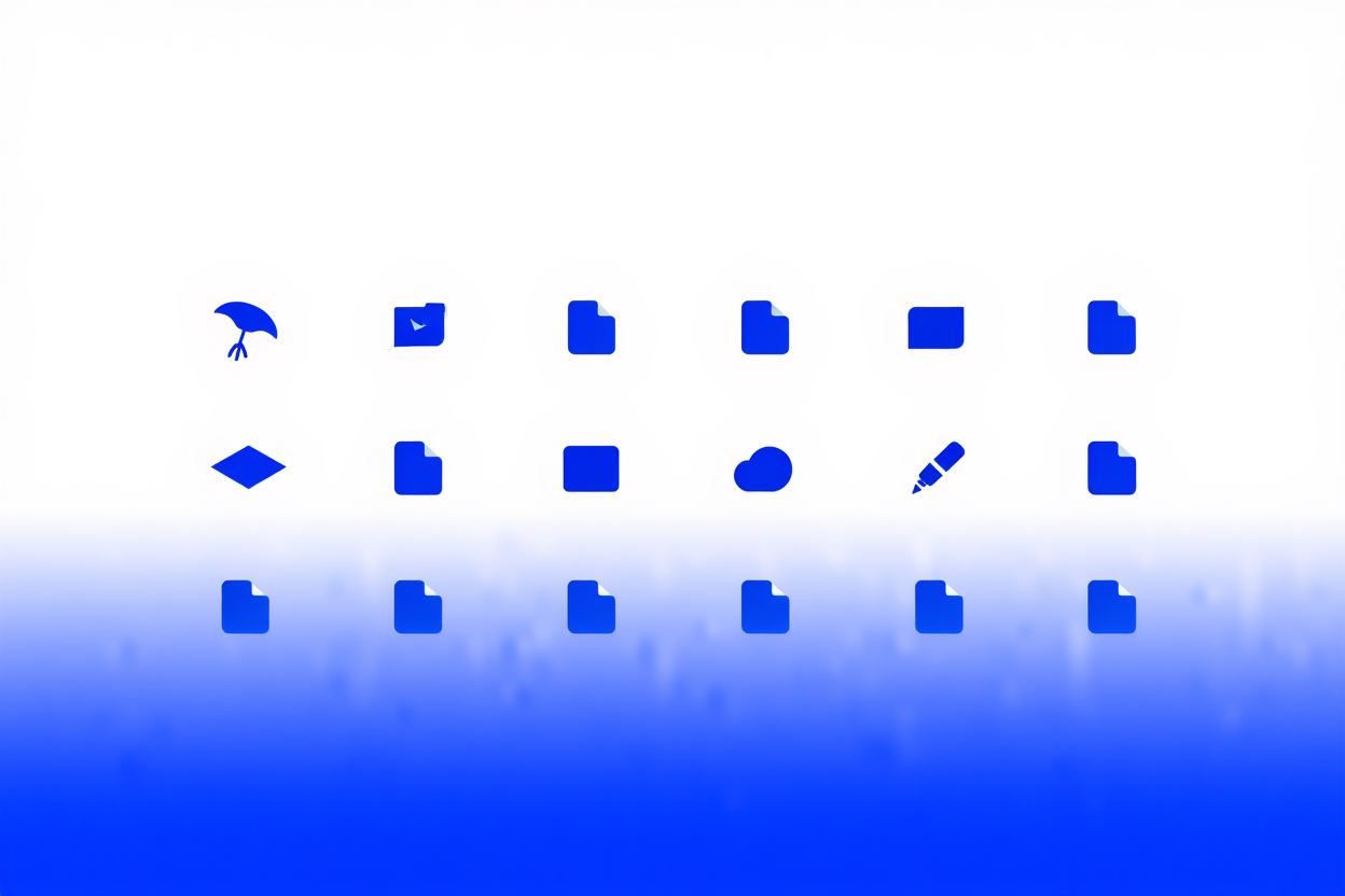 ein Raster von Icons, die verschiedene Dateiformate und Bearbeitungstools auf einem sauberen Interface-Hintergrund darstellen