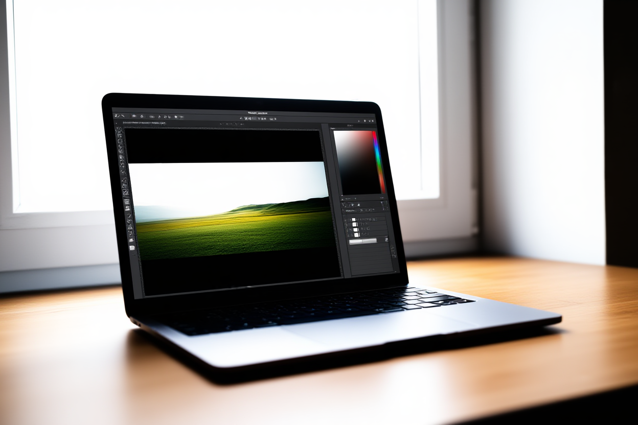 un ordinateur portable moderne affichant une interface d'édition photo épurée sur un bureau en bois près d'une fenêtre, lumière douce, paysage large
