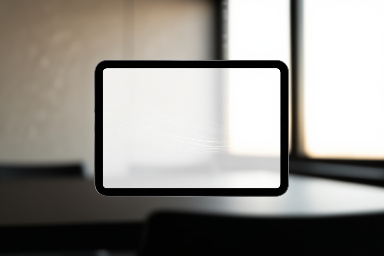 une tablette numérique élégante affichant des lignes de flux de données abstraites sur un arrière-plan de bureau flou doux, lumière naturelle de fenêtre,
