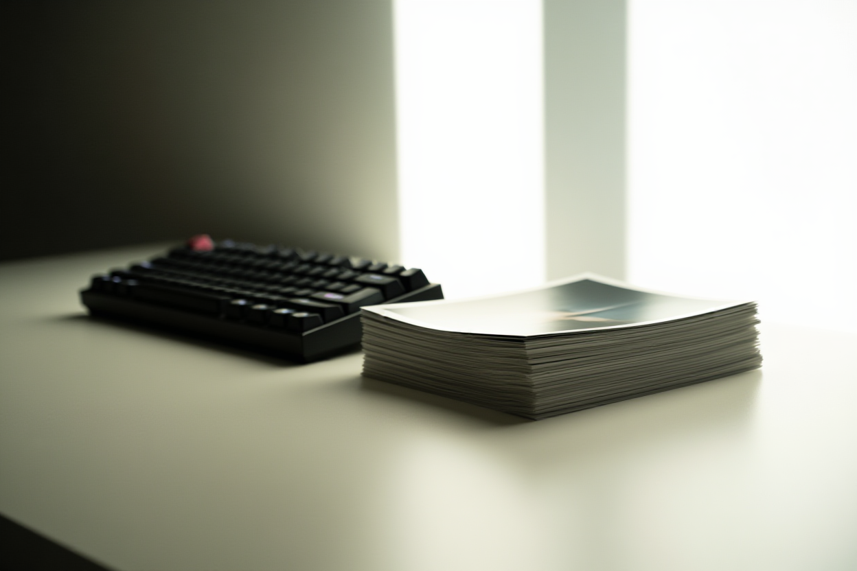 un espace de travail minimaliste comportant un clavier mécanique à côté d'une pile d'impressions photo sur une surface claire, doux