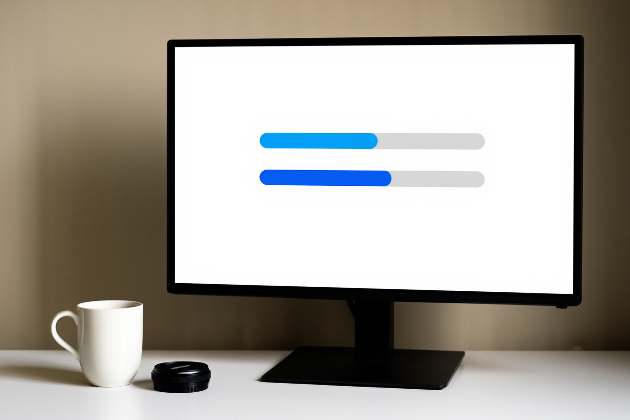 une configuration de bureau propre avec un moniteur affichant des barres de progression de téléchargement à côté d'une tasse de café et d'un cache-objectif, doux am