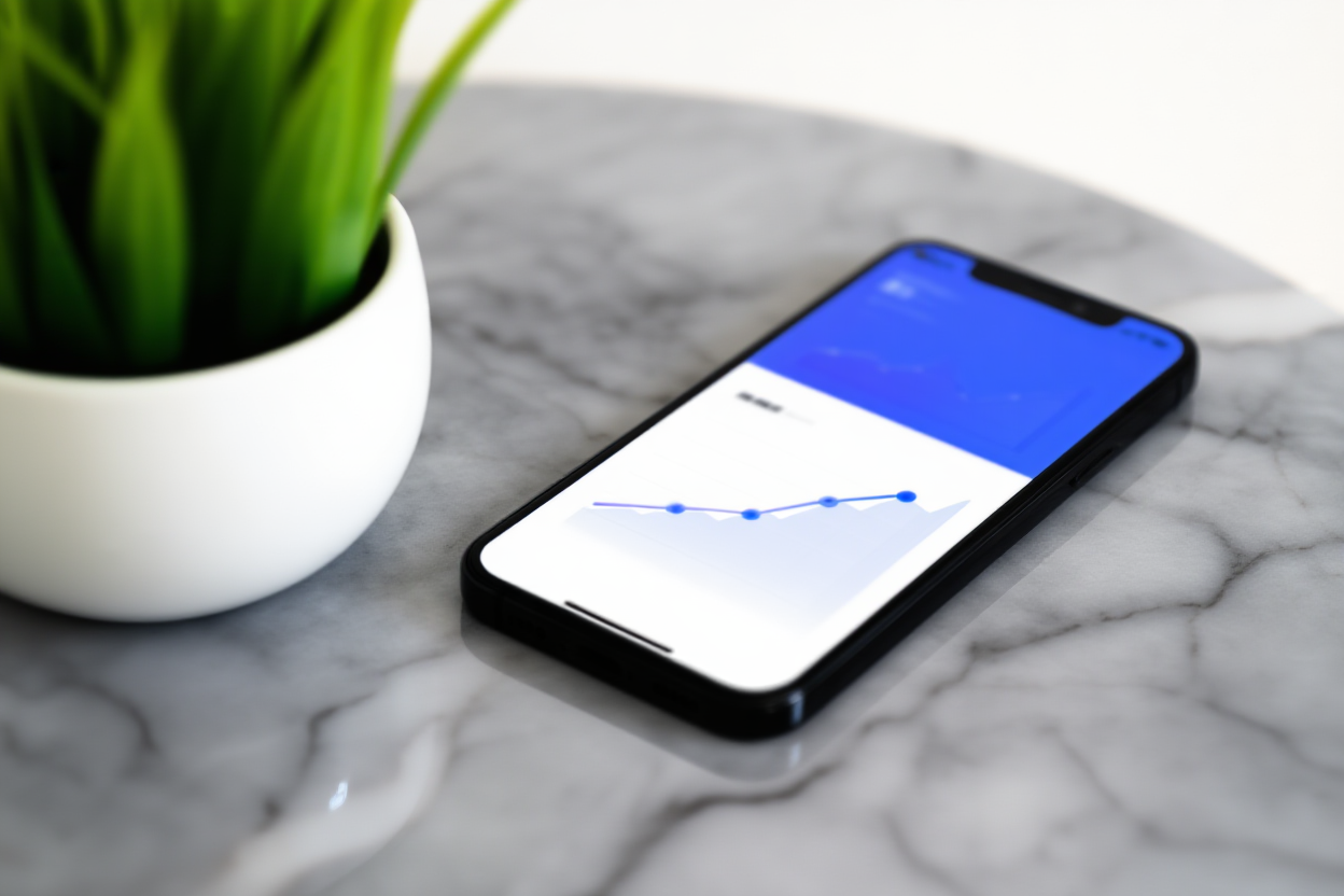 un smartphone moderne affichant un tableau de bord d'analyse des ventes avec des graphiques en hausse sur une surface en marbre près d'un pot de plante,
