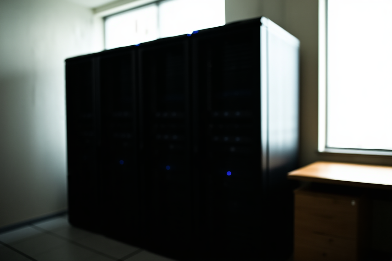 une prise de vue grand angle d'un rack de serveur moderne avec des voyants bleus doux à côté d'un bureau en bois, lumière naturelle de fenêtre, w