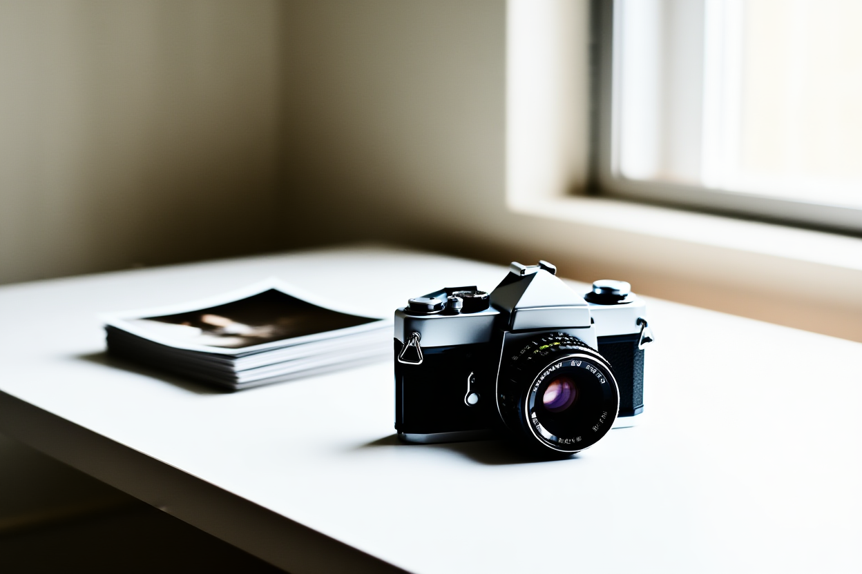 a vintage film camera resting on a clean white desk beside a stack of printed photographs, soft window light