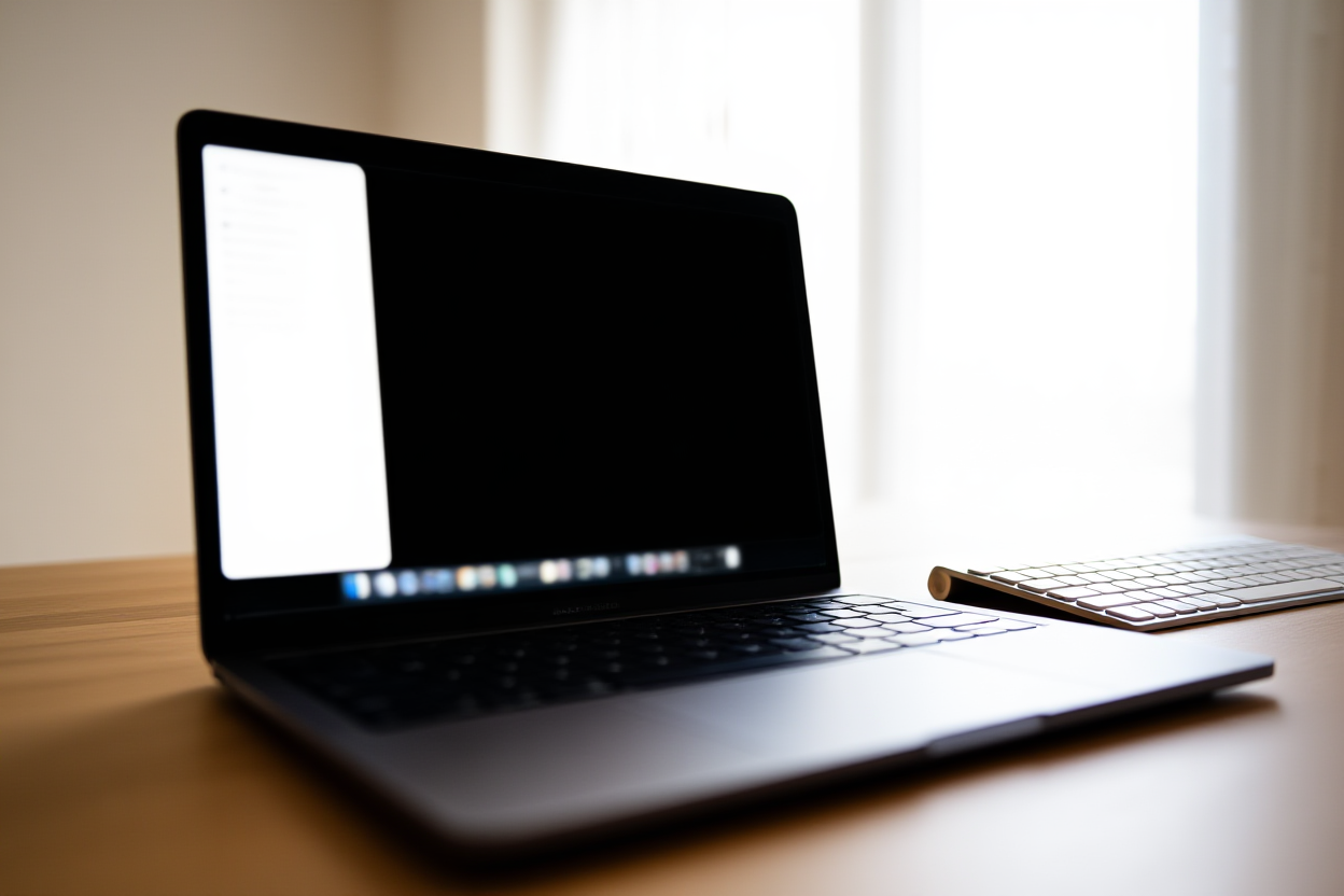 a modern laptop displaying a minimalist dashboard next to a sleek silver keyboard on a wooden surface, natural daylight
