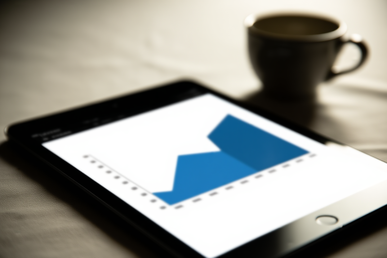 a digital tablet showing a clean sales graph next to a coffee mug on a textured linen tablecloth, soft morning light