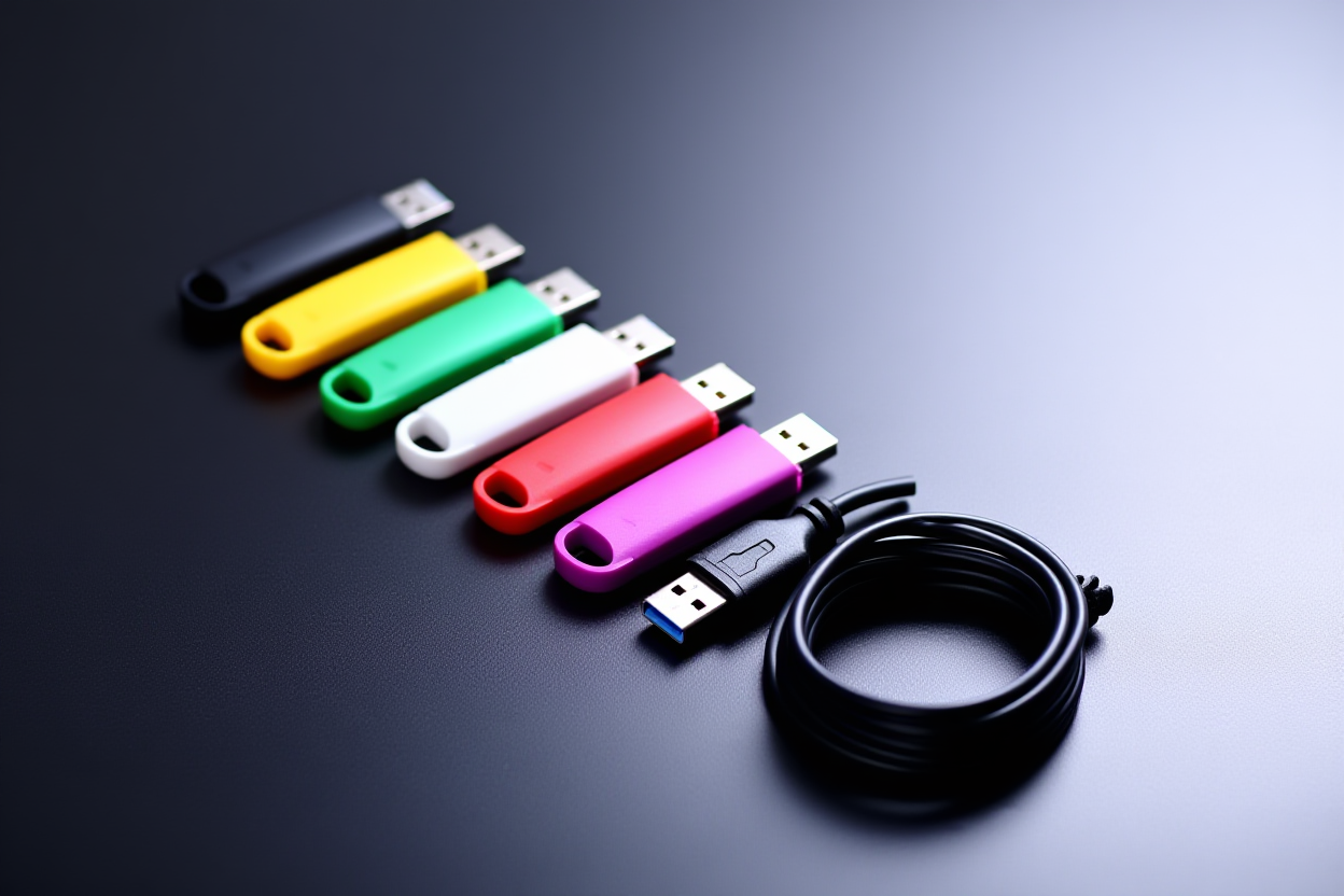 a row of colorful USB drives neatly aligned on a dark slate surface beside a coiled cable, studio lighting