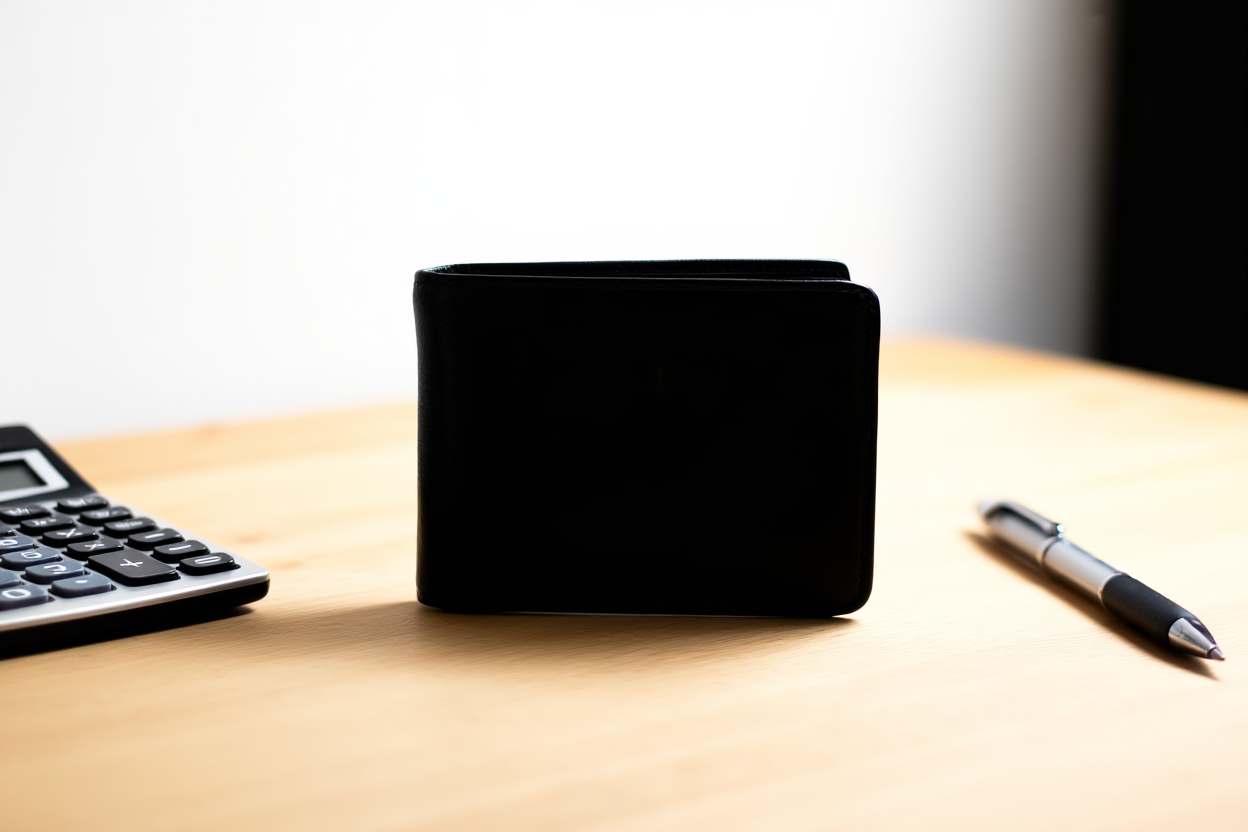 a minimalist wallet resting on a light wooden desk next to a calculator and a pen, clean composition