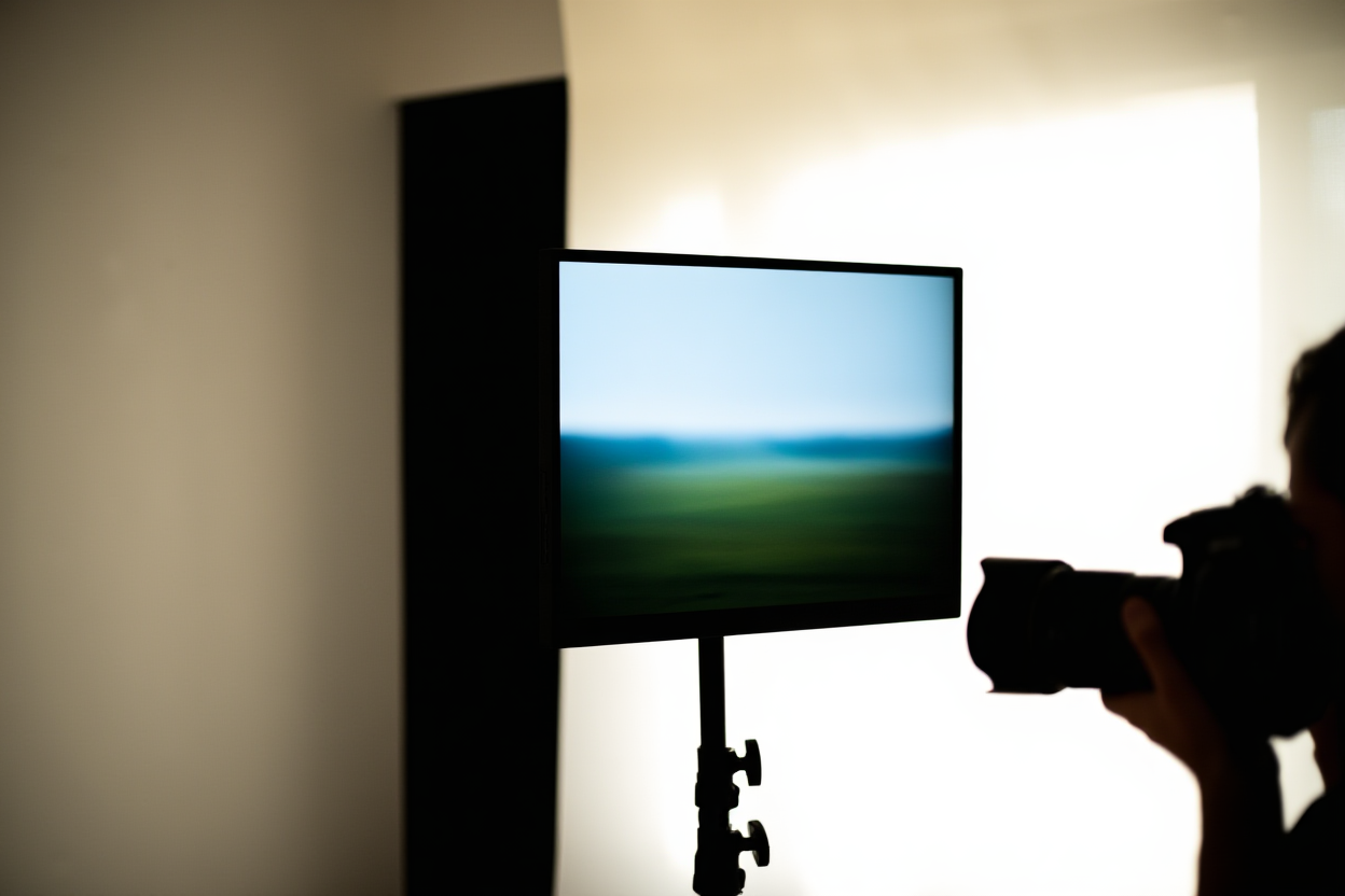 a photographer reviewing images on a large monitor in a bright home studio with soft natural light