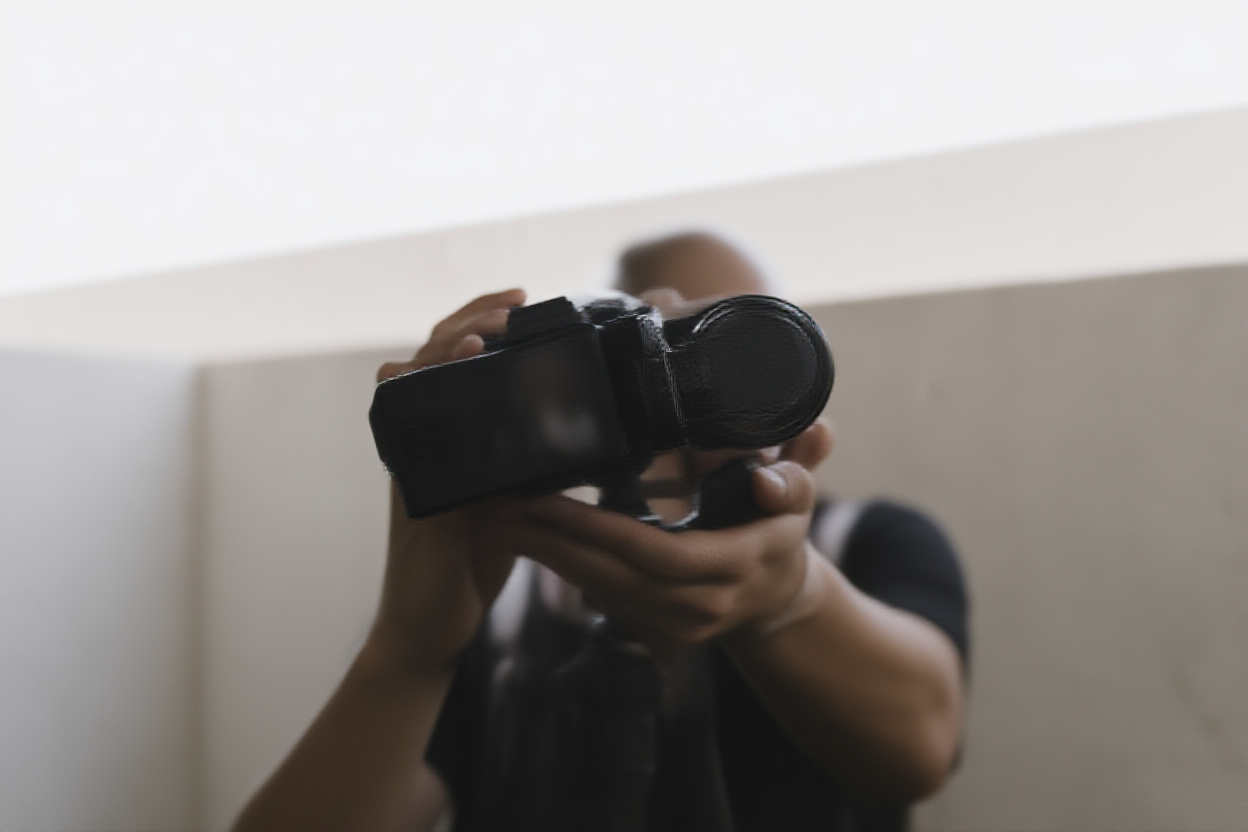 Seorang fotografer memegang kamera mirrorless modern di satu tangan sambil menggunakan yang lain untuk menyesuaikan pengaturan pada dudukan tripod