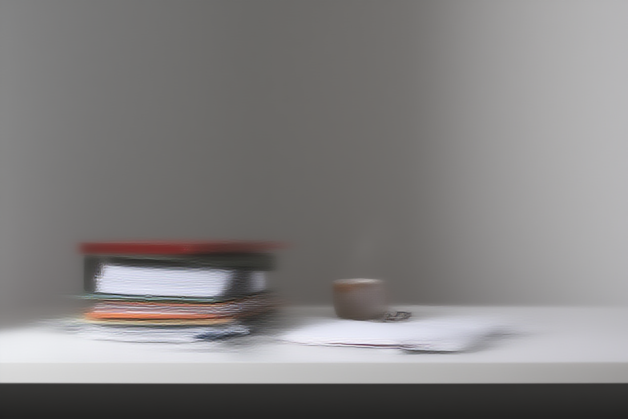 Sudut kantor rumah yang nyaman dengan mug beruap di atas meja di sebelah tumpukan folder berwarna-warni dan sepasang kacamata baca