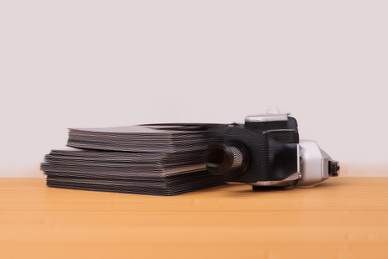 Un espacio de trabajo ordenado que presenta una pila de álbumes fotográficos impresos junto a una cámara vintage en una mesa de madera