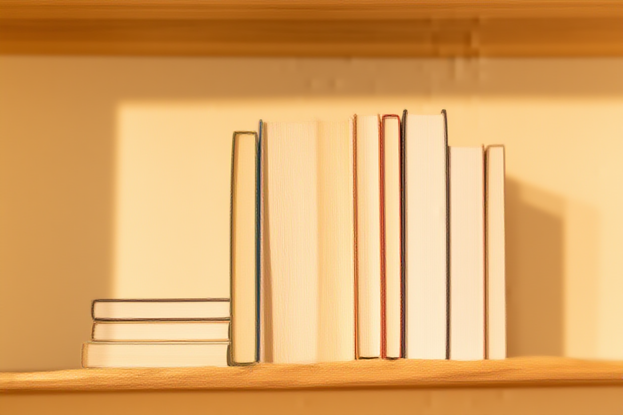 Una pila de libros duros coloridos dispuestos ordenadamente en un estante de madera rústica con iluminación cálida