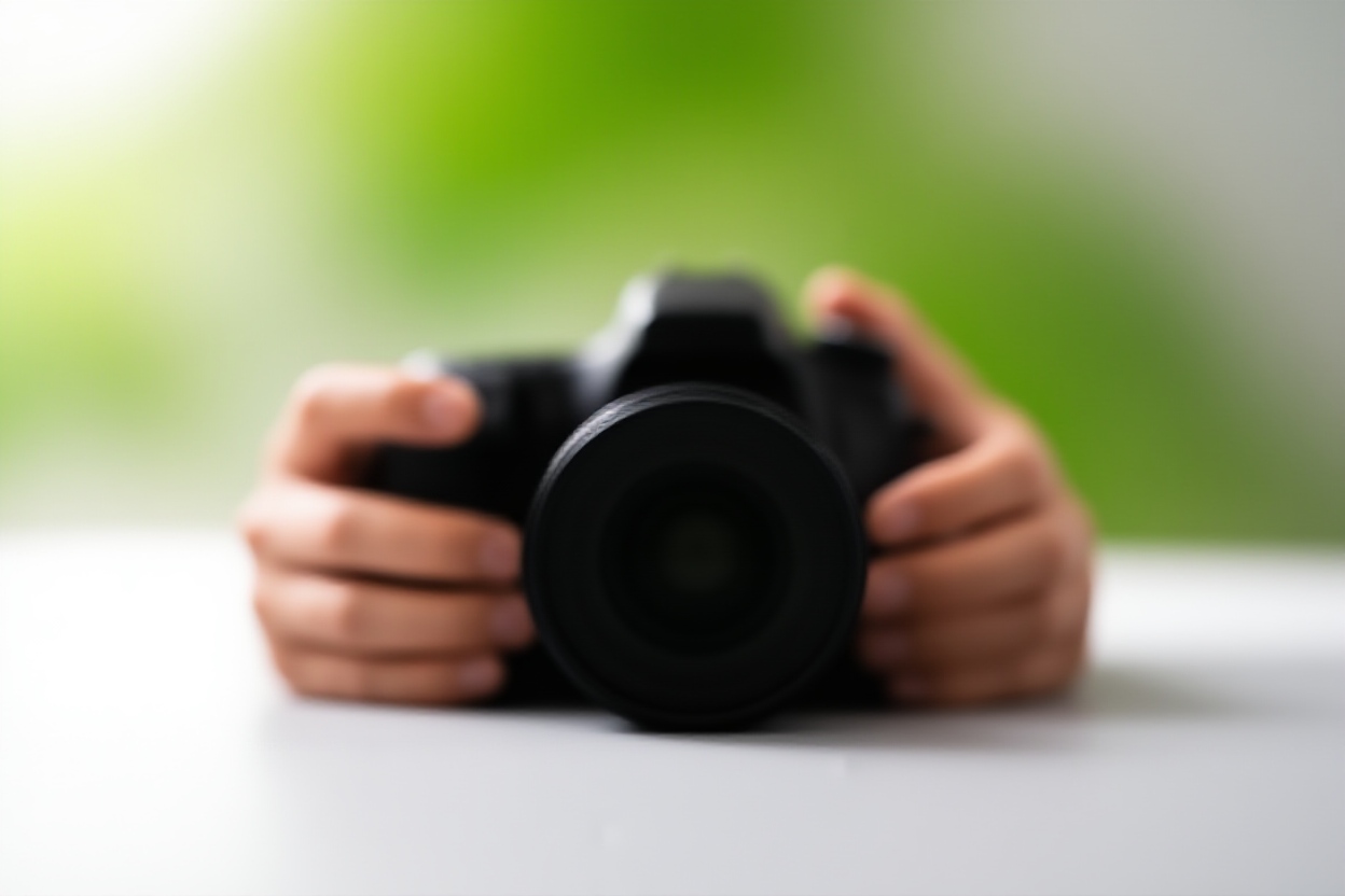 Un primer plano de las manos de un fotógrafo ajustando cuidadosamente el anillo de enfoque en una lente DSLR profesional contra