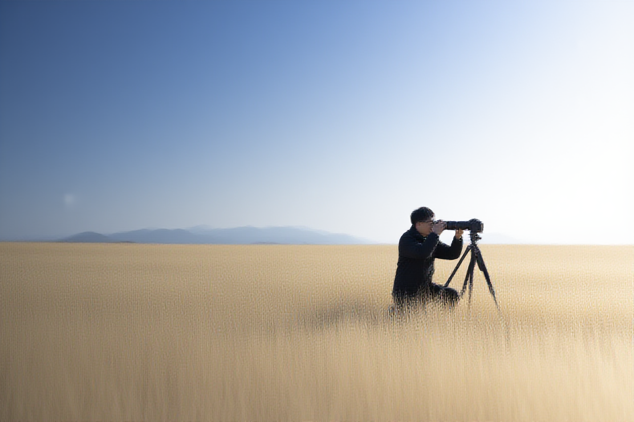 Un fotógrafo arrodillado en alta hierba dorada al amanecer ajustando una DSLR en un trípode con montañas distantes visibles