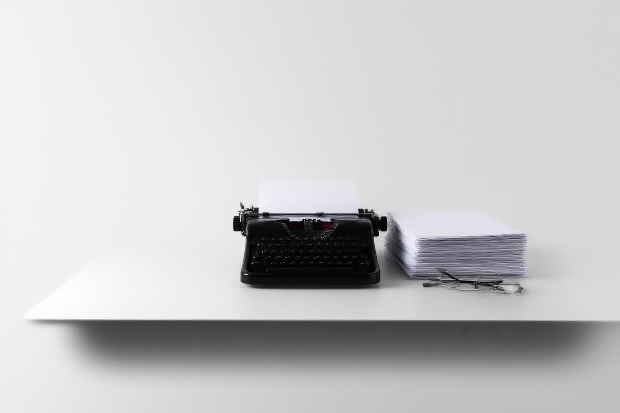Un espacio de trabajo ordenado que presenta una máquina de escribir vintage junto a una pila de documentos en papel y un par de gafas para leer