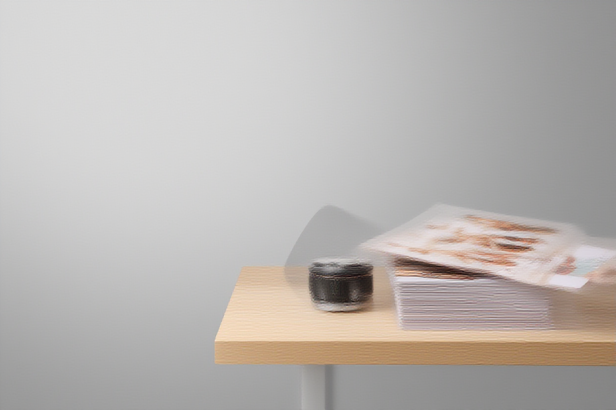 Un fotógrafo organizando una pila de pruebas fotográficas impresas sobre un escritorio de madera junto a un objetivo moderno