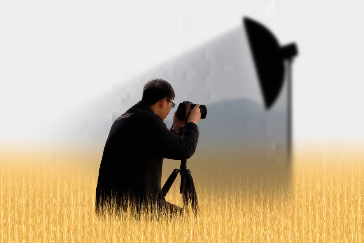 Un fotógrafo arrodillado en alta hierba dorada al amanecer ajustando una DSLR en un trípode con montañas distantes visibles