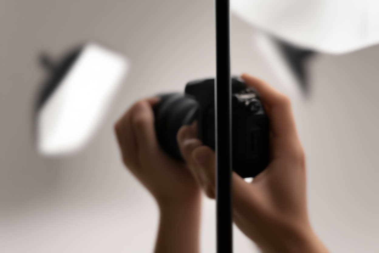 Eine Nahaufnahme der Hände eines Fotografen, die eine moderne DSLR-Kamera halten und den Fokusring einstellen, während sie in einer sonnenbeschienenen Umgebung stehen