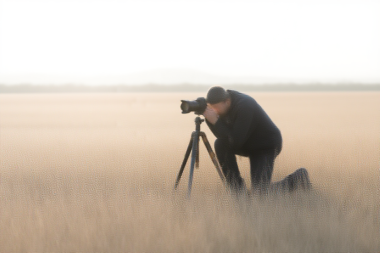 Ein Fotograf kniet im hohen goldenen Gras bei Sonnenaufgang und passt eine DSLR auf einem Stativ an, mit entfernten Bergen sichtbar unde