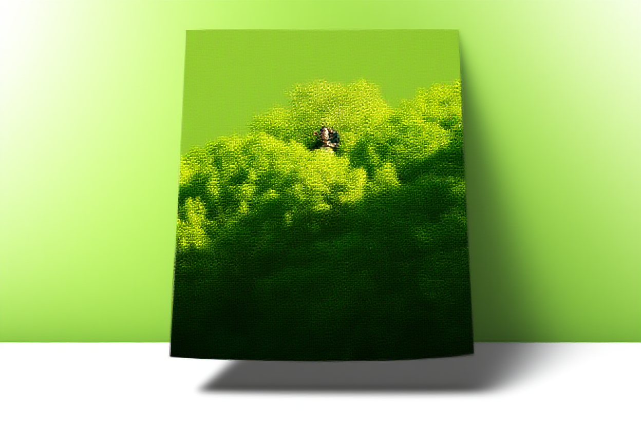 ein Fotograf lächelt, während er ein gedrucktes Foto vor einem Hintergrund aus üppigen grünen Bäumen im Sonnenlicht hält