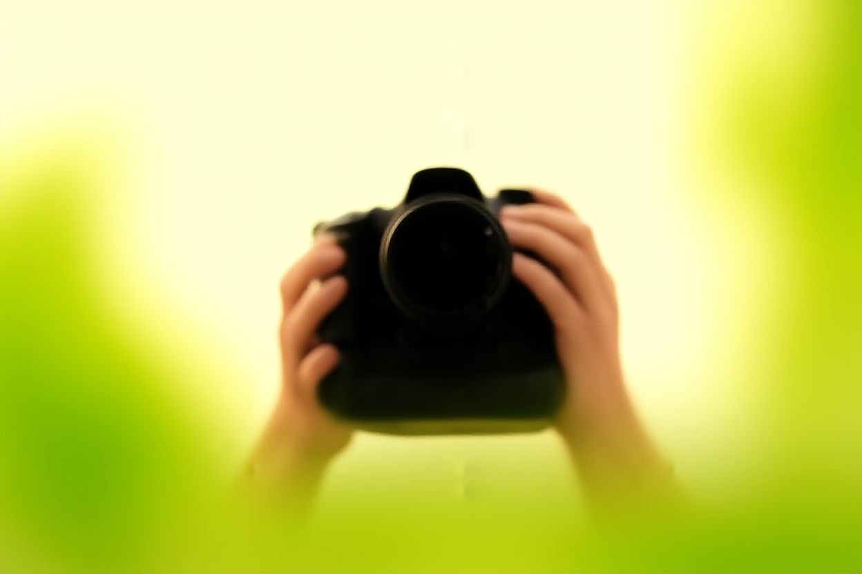Eine Nahaufnahme der Hände eines Fotografen, die eine professionelle DSLR-Kamera halten, mit abgenommenem Objektivdeckel, stehend vor einem