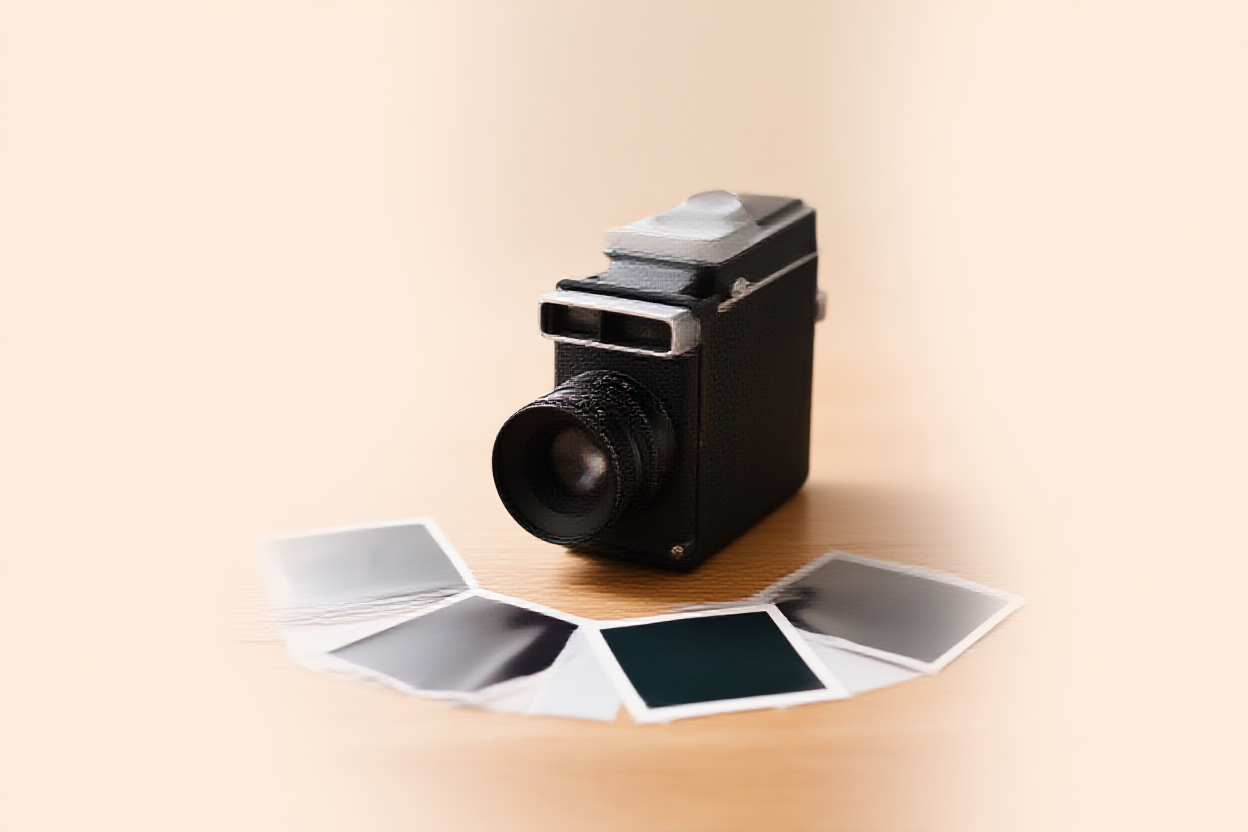 Eine detaillierte Ansicht einer Vintage-Filmkamera, die auf einem rustikalen Holztisch mit verstreuten Polaroidfotos um sie herum ruht, gefangen in dem Moment,