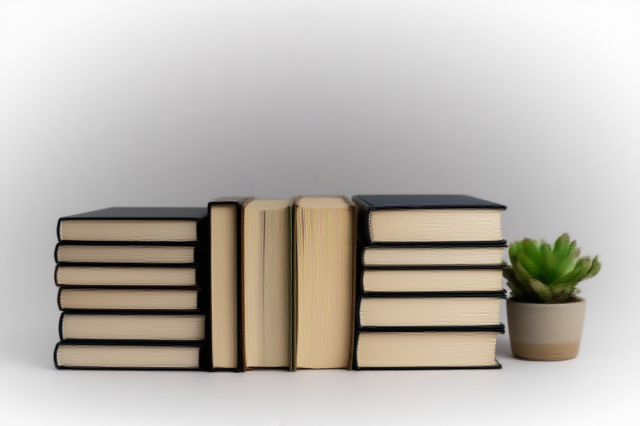 Ein Stapel ordentlich organisierter Hardcover-Bücher mit sichtbaren Rückseiten und Titeln, vertikal neben einem kleinen Topf-Sukkulente platziert,