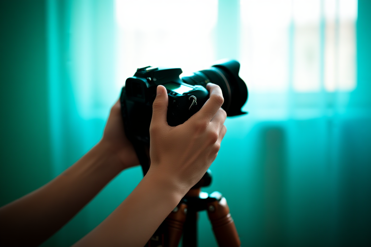 Un primer plano de las manos de un fotógrafo ajustando el objetivo en una cámara DSLR profesional apoyada sobre un trípode de madera am