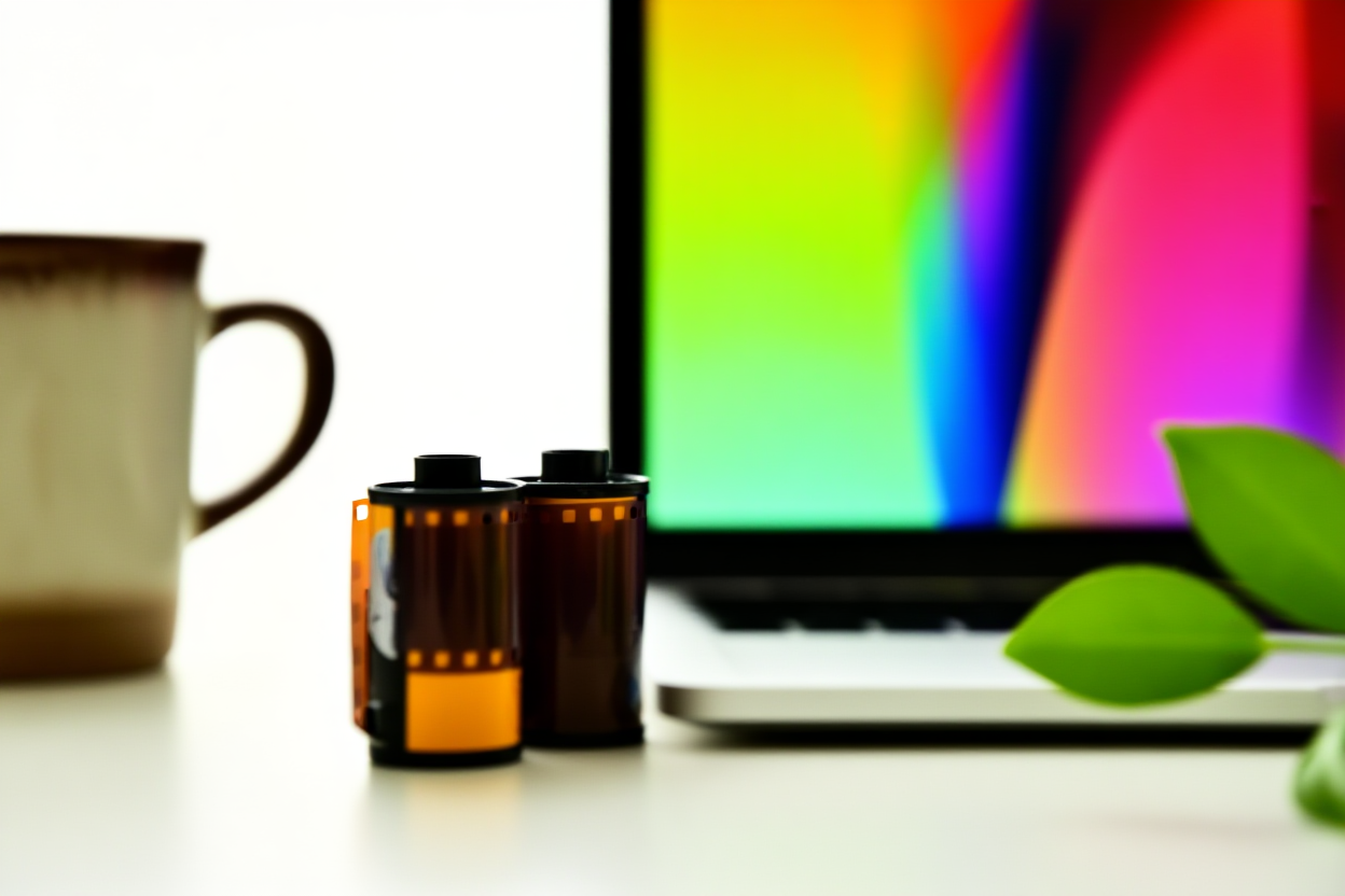 Un escritorio de trabajo ordenado que presenta una pila de carretes de película vintage junto a una tableta digital elegante mostrando abstrac colores viv\