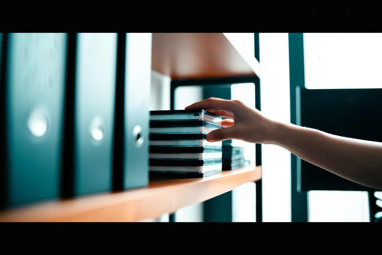 Una mano colocando una pila de fundas para discos duros ordenadas en un estante de madera en una oficina moderna con luz natural\