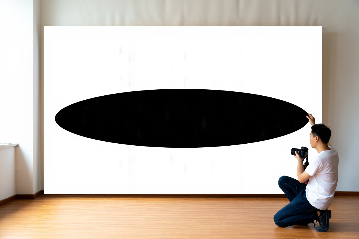 Un fotógrafo arrodillado en un suelo de madera ajustando configuraciones en una cámara profesional mientras sostiene una tabla reflectante para\